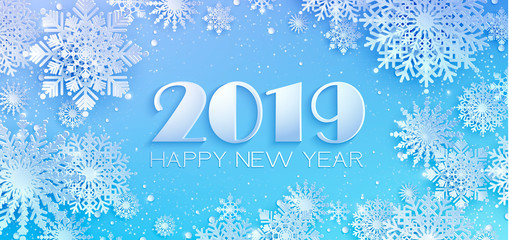 Paper cut snow flake greeting background, Merry Christmas and Happy New Year 2019 banner, winter origami, snowfall papercut poster. Vector Snowflake frame, paper snow modern card,trendy Happy New Year