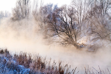 Obraz na płótnie Canvas thick fog over the winter landscape and the river