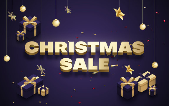 Christmas sale promo poster with golden 3d gifts.
