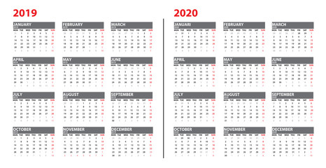 Calendar template for 2019 and 2020 year.