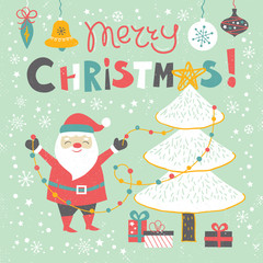 Merry Christmas card  templates with hand drawn cute Santa Claus, holiday elements and lettering. Santa Claus decorating a Christmas tree. Christmas card. Grunge background. Vector illustration