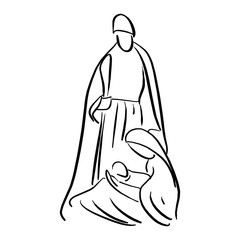 Nativity scene with Holy Family vector illustration sketch doodle hand drawn with black lines isolated on white background