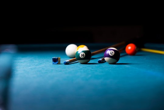 billiard table with cue and balls. billiard background