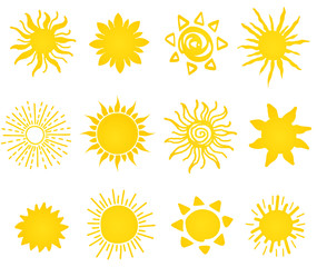 Hand drawn vector set of different suns icons