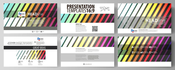 Set of business templates for presentation slides. Vector layouts in flat style. Bright color rectangles, colorful design with geometric rectangular shapes forming abstract beautiful background.