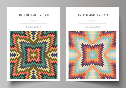 Business templates for brochure, flyer, booklet. Cover design template, abstract vector layout in A4 size. Tribal pattern, geometrical ornament, ethno syle, ethnic backdrop, vintage fashion background