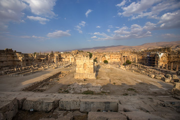 Ruins of Jupiter temple and Great Court of Heliopolis in Baalbek, Bekaa valley Lebanon