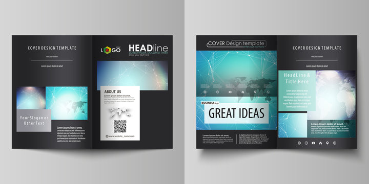 The black colored vector illustration of editable layout of two A4 format modern covers design templates for brochure, flyer, booklet. Molecule structure, connecting lines and dots. Technology concept