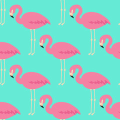 Flamingo seamless pattern on mint green background.