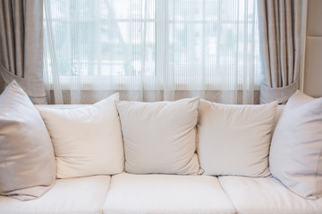 Set of clean pillows on luxury sofa in living room interior.