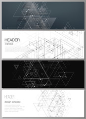 The minimalistic vector illustration of editable layout of headers, banner design templates in popular formats. Polygonal background with triangles, connecting dots and lines. Connection structure