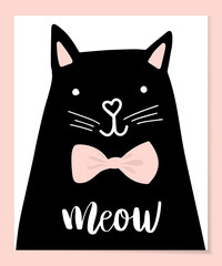 Black head of Cute Cat with hand lettering word Meow on white background.