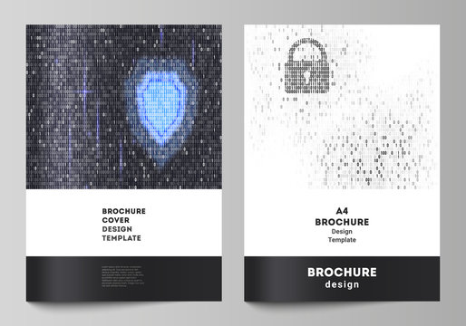 Vector layout of A4 format cover mockups design templates for brochure, magazine, flyer, booklet, report. Binary code background. AI, big data, coding or hacker concept, digital technology background