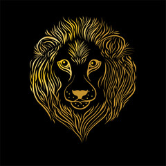 Gold lion head on black background.