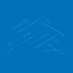 Stationery assortment set of rulers pencil, pen, markers and scissors