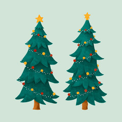 Two decorated Christmas trees illustration
