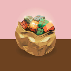 Hand drawn Christmas gift boxes in a yellow Santa Claus bag