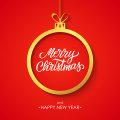 Christmas and Happy New Year greeting card with handwritten inscription Merry Christmas, golden christmas ball and red background. Vector illustration.