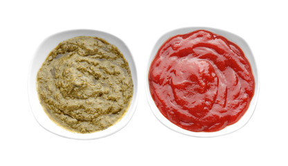 Tasty sauces in bowls on white background