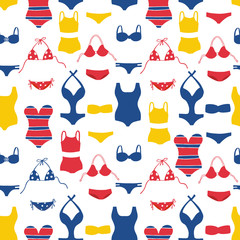 Bright summer Swimsuits on white background. Vector seamless pattern.