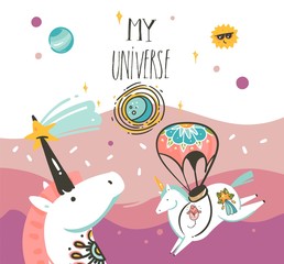 Hand drawn vector abstract graphic creative artistic cartoon illustrations poster background with astronaut unicorns with old school tattoo,handwritten calligraphy isolated on pastel background
