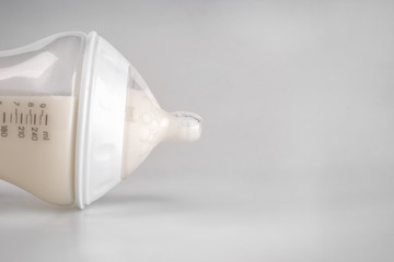 Closeup view of bottle of milk for baby on white background