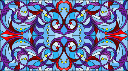 Fototapeta premium Illustration in stained glass style with abstract flowers, leaves and curls on blue background, horizontal orientation