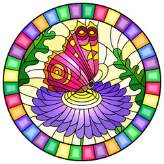 Naklejki  Ilustracja w stylu witrażu z jasnoróżowym motylem na fioletowym kwiecie, okrągły obraz w jasnej ramce
