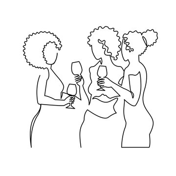 Girls drinking alcohol continuous one line vector drawing