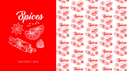 Hand drawn outline illustration mulling spices for hot wine. Anise star, orange and cinnamon sticks bound together, a pine cone. Winter holiday, mulling wine spices pattern.