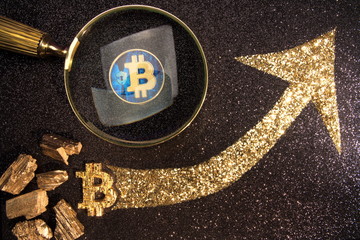 Golden bitcoin digital currency, futuristic digital money, technology worldwide network concept.Crypto currency Gold BTC.Safe virtual money