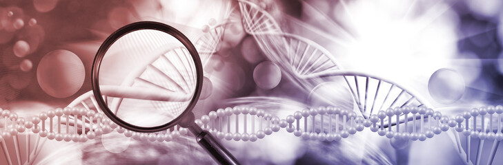image of magnifier on dna chain background