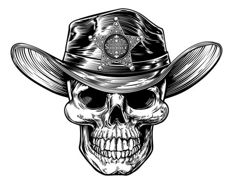 Skull sheriff cowboy drawing in a vintage retro woodcut etched or engraved style