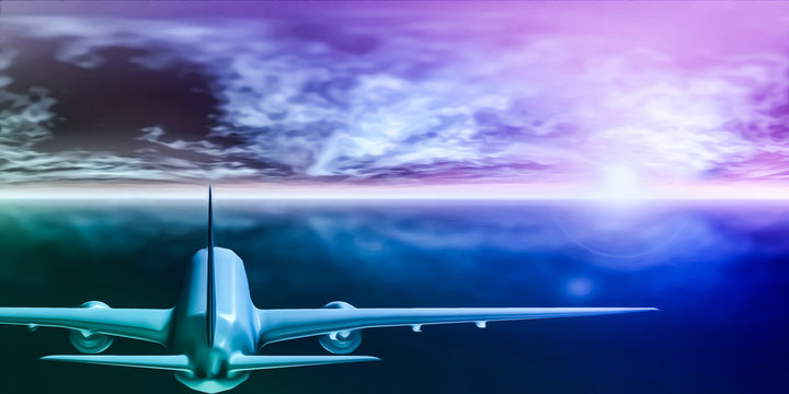 Airliner flying towards the sun (3D Rendering)