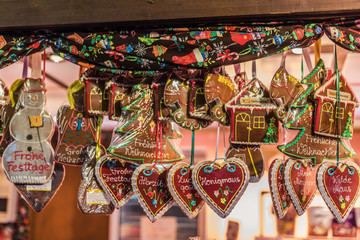 Vienna, Austria - December 24, 2017. Traditional gingerbread hearts, houses, snowman and angel at...