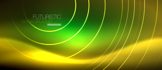 Neon glowing techno lines, hi-tech futuristic abstract background template with square shapes