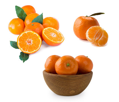 Set of fresh mandarins. Clementines on a white background. Fresh tangerines with copy space for text. Slices of mandarin with leaves isolated on white background.Tangerines slices isolated 