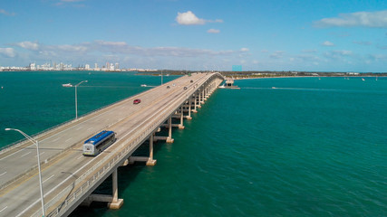 Fototapeta na wymiar Aerial view of traffic along Rickenbacker Causeway, Miami - Florida