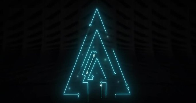 illuminated christmas tree revelation as integrated circuit, artificial intelligence and technological progress 4k footage background with black end