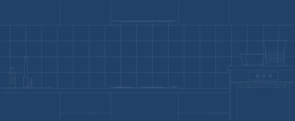 Layout of kitchen flat mock-up design. White lines on a blue background