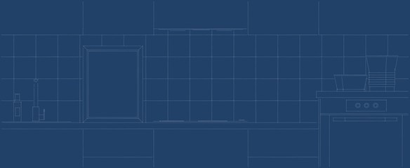 Obraz premium Frame in a kitchen flat mockup design. White lines on a blue background