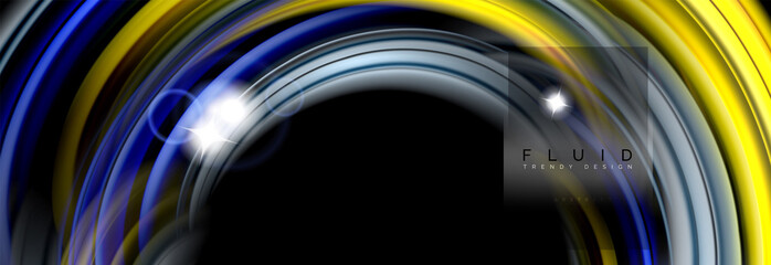 Background abstract design, flowing mixing liquid color waves on black