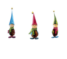 Hand-drawn watercolor illustration isolated on white background. Three New Year's dwarfs in colorful caps.