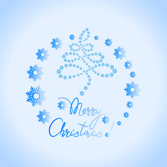 Fototapeta na wymiar MERRY CHRISTMAS! Christmas tree made from snowflakes. Light background. Holiday greeting, poster, card, invitation card, a festive message with a round dance of snowflakes. 