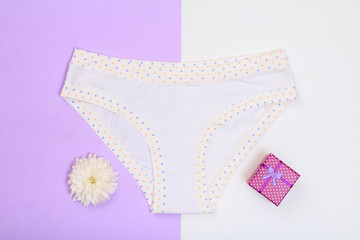Beautiful women's panties with gift box on lilac and white background.
