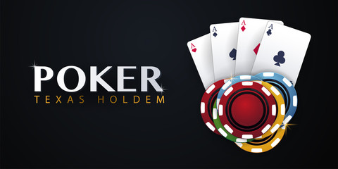 Casino banner with casino chips and cards. Poker club texas holdem. Vector illustration.