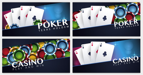 Set of Casino banners with casino chips and cards. Poker club texas holdem. Vector illustration.