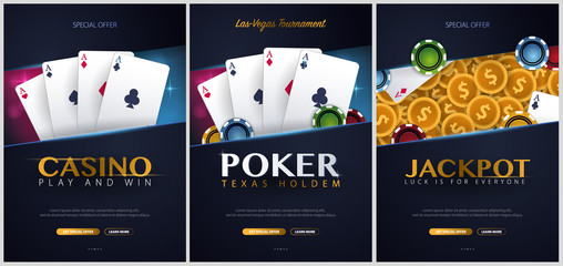 Set of Casino banners with casino chips and cards. Poker club texas holdem. Vector illustration.