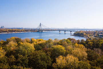Aerial: The Pivnichniy bridge in Kyiv, autumn time