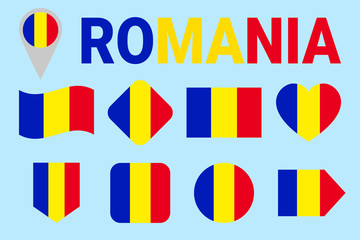 Romania flag vector set. Different geometric shapes. Flat style. Romanian flags collection. For sports, national, travel, geographic design elements. isolated icons with state name.